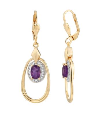 18K Gold-Over-Brass and Genuine African Amethyst Oval Drop Earrings
