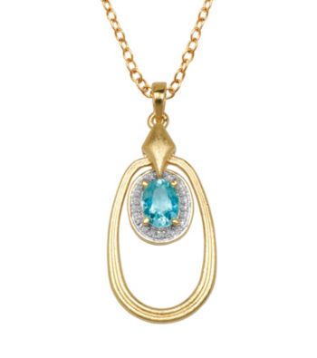 18K Gold-Over-Brass Two-Tone Geniune Blue Topaz Oval Pendant