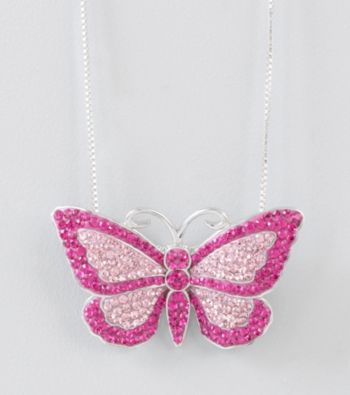 Pink Crystal Butterfly Pendant in Sterling Silver