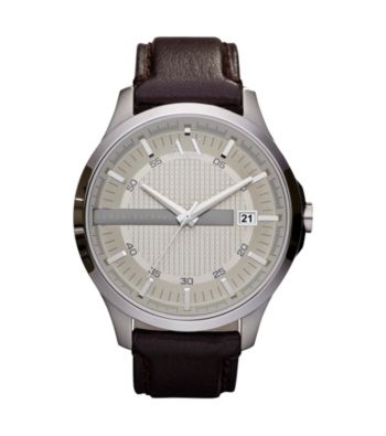 A|X Armani Exchange Men's Smart Silvertone Stainless Steel with Brown Leather Strap Watch