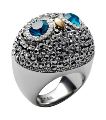 Fossil® Silvertone Owl Cocktail Ring with Blue Eyes