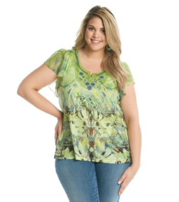 Oneworld® Plus Size Top Satin Yoke And Embroidery