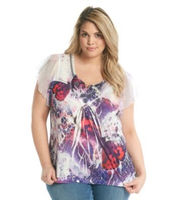 Oneworld® Plus Size Top With Satin Yoke And Embroidery