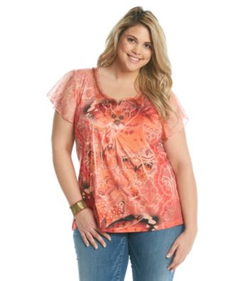 Oneworld® Plus Size Top With Satin Yoke And Embroidery