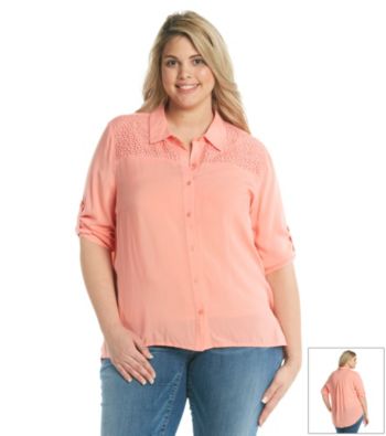 Oneworld® Plus Size Solid Roll-Tab Sleeve Top