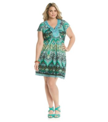 Oneworld Plus Size Flutter Sleeve Embroidered Dress