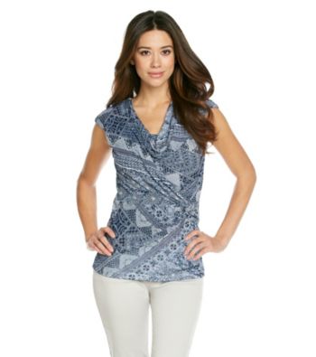Relativity® Career Petites' Drapeneck Mesh Top