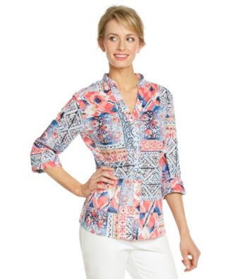 Alfred Dunner® Mandarin Collar Front Button Up Closure Shirt