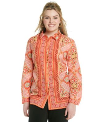 Rafaella® Plus Size Woven Button Up Scarf Print Shirt