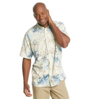 ParadiseCollection® Men's Basic Cream Short Sleeve Silk Woven Tropical Scroll Print Shirt