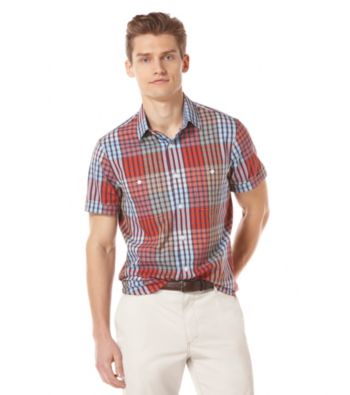 Perry Ellis® Men's Coastal Blue Short Sleeve Jacquard Stripe Woven
