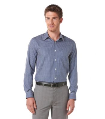 Perry Ellis® Men's Coastal Blue Long Sleeve Satin Stripe Check Woven