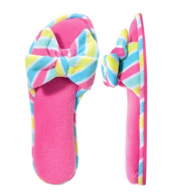 Dearfoams Pink Microfiber Terry Open Toe Bow Scuff Slippers