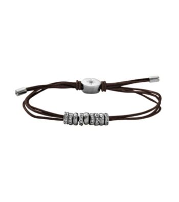 Fossil® Brown Leather Wrist Wrap with Silvertone Rondells and Clear Glitz