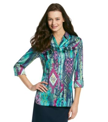 Jones New York Signature® Blue Printed Charmeuse Shirt