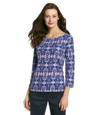 Jones New York Signature® Stained Glass Print Chambray Trimmed Boatneck Top