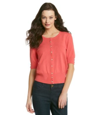 Spense® Knits Simulated Pearl Button Elbow Sleeve Cardigan
