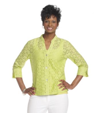 Ruby Rd.® Mandarin Collar Front Button Up Floral Lace Top