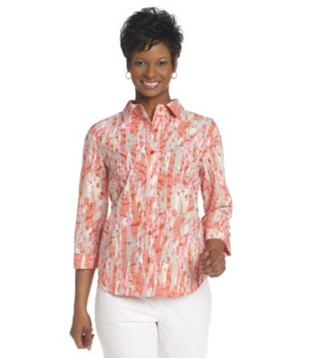 Breckenridge® Petites' Cherry Coral Paint Splatter Burnout Woven Shirt