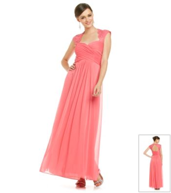 Xscape Ruched Lace Sleeve Dress