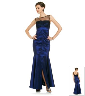 Xscape Taffeta Ruched Front Illusion Top Gown
