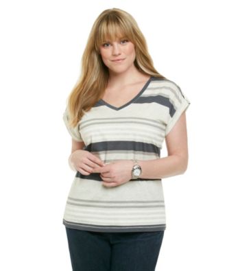 Calvin Klein Performance Plus Size Short Sleeve Roll Tab V-Neck Striped Tee