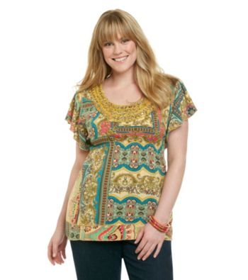 Oneworld® Plus Size Flutter Sleeve Embellished Scoopneck Top