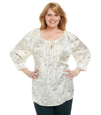 Black Rainn™ Plus Size Long Sleeve Printed Woven with Pleated Neck Line