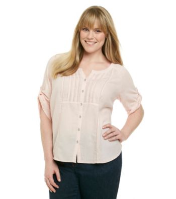 DKNY JEANS® Plus Size Mixed Media Buttondown Top With Pintucks