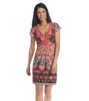 Oneworld® Petites' Flutter Sleeve Embroidered Notch Scoopneck Dress