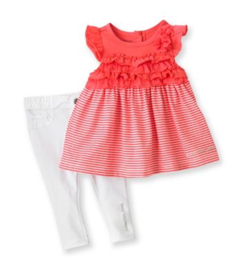 Calvin Klein Baby Girls' Coral/White 2-pc. Ruffle Jeggings Set