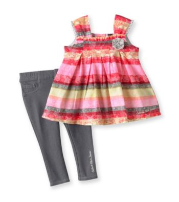 Calvin Klein Baby Girls' Grey/Pink 2-pc. Floral Striped Jeggings Set