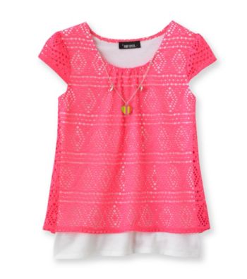 Amy Byer Girls' 7-16 Neon Pink Crochet Top with Attached Heart Necklace