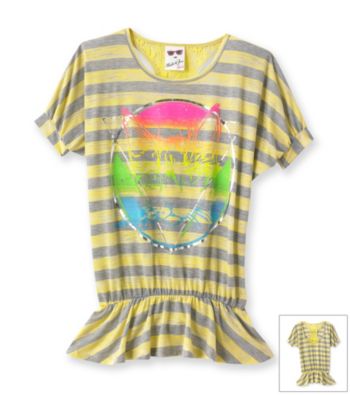 Belle du Jour Girls' 7-16 Yellow Striped Cat Emblem Tee
