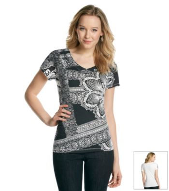 Relativity® Short Sleeve V-Neck Lace Graphic Tee