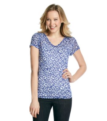 Relativity® Short Sleeve V-Neck Ruched Shoulder Burnout Tee