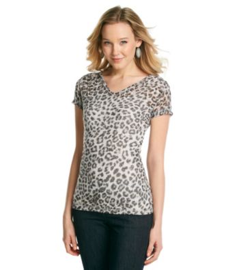 Relativity® Petites' Short Sleeve V-Neck Ruched Shoulder Burnout Tee