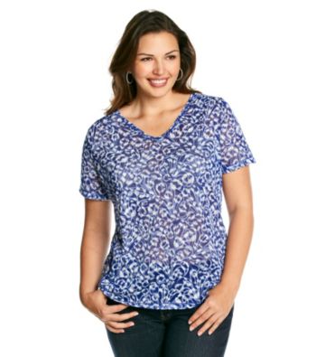 Relativity® Plus Size Short Sleeve V-Neck Ruched Shoulder Burnout Tee