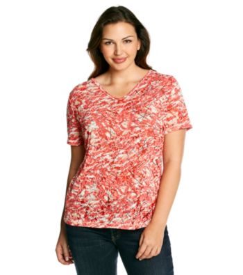 Relativity® Plus Size Short Sleeve V-Neck Ruched Shoulder Burnout Tee