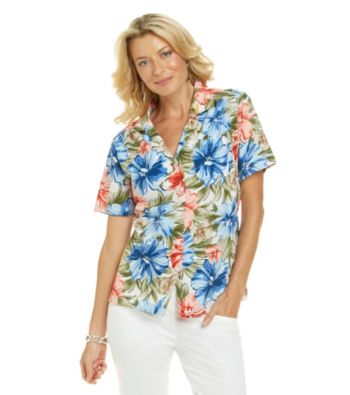Cathy Daniels® Y-Neckline Short Sleeve Buttonfront Printed Camp Shirt
