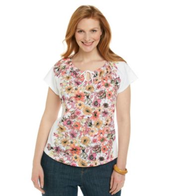 Studio Works® Plus Size Short Sleeve Tie Front Floral Peasant Top