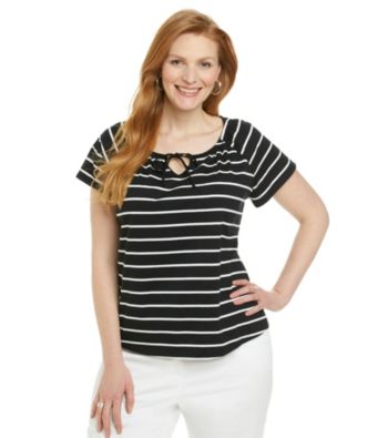 Studio Works® Plus Size Short Sleeve Striped Peasant Knit Top