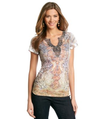 Oneworld® Splitneck Embellished Top