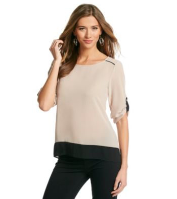 Spense® Latte Colorblock Roll-Tab Sleeve Top
