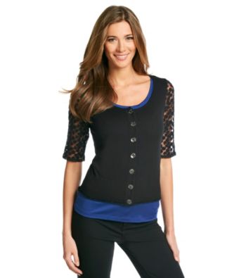 August Silk® Black Lace Buttondown Cardigan
