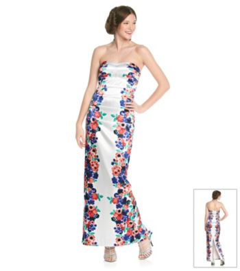 As U Wish® Juniors' Strapless Mirror Print Floral Gown