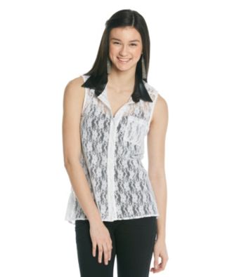 Belle du Jour Juniors' Allover Lace Shirt With PU Collar