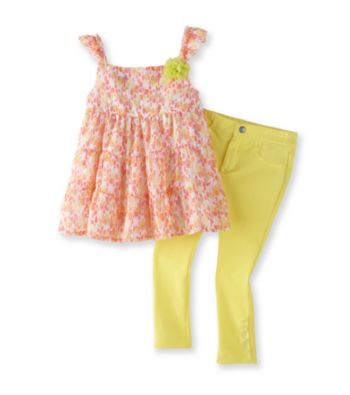 Calvin Klein Girls' 2T-6X Yellow Multi Floral Top with Jeggings Set