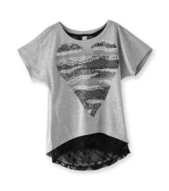 Beautees Girls' 7-16 Grey High-Low Peal Heart Tee with Lace Back