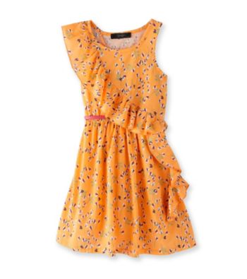 Jessica Simpson Girls' 7-16 Orange Floral Print Ruffle Front Dress